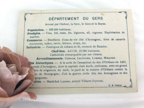 Voici une belle chromo du département du Gers datant de 1876. C'est une image de 11.5 x 8.5 cm sur papier cartonné avec toutes les caractéristiques de l'époque.