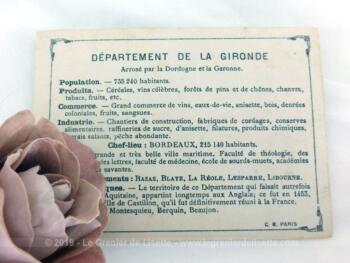 Voici une belle chromo du département de la Gironde datant de 1876. C'est une image de 11.5 x 8.5 cm sur papier cartonné avec toutes les caractéristiques de l'époque.