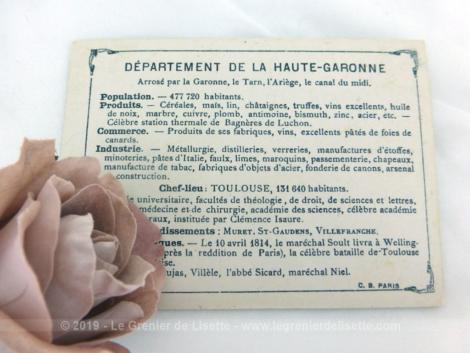 Voici une belle chromo du département de la Haute Garonne datant de 1876. C'est une image de 11.5 x 8.5 cm sur papier cartonné avec toutes les caractéristiques de l'époque.