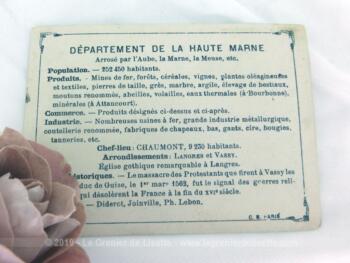 Voici une belle chromo du département de la Haute Marne datant de 1876. C'est une image de 11.5 x 8.5 cm sur papier cartonné avec toutes les caractéristiques de l'époque.