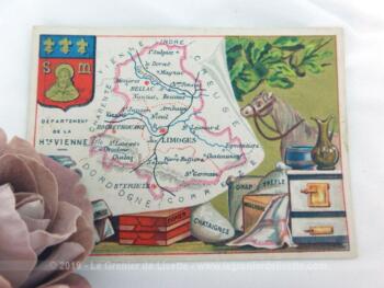 Voici une belle chromo du département de la Haute Vienne datant de 1876. C'est une image de 11.5 x 8.5 cm sur papier cartonné avec toutes les caractéristiques de l'époque.