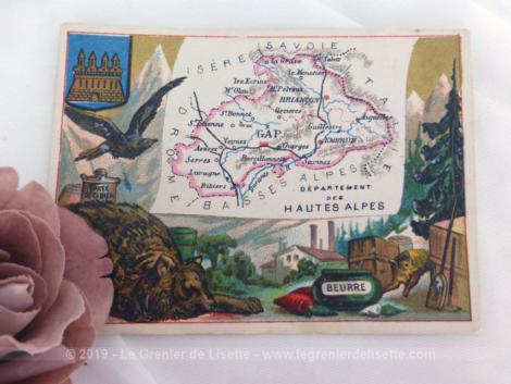 Voici une belle chromo du département des Hautes Alpes datant de 1876. C'est une image de 11.5 x 8.5 cm sur papier cartonné avec toutes les caractéristiques de l'époque.
