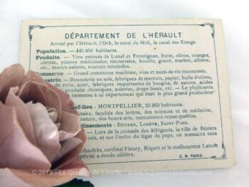 Voici une belle chromo du département de l’Hérault datant de 1876. C'est une image de 11.5 x 8.5 cm sur papier cartonné avec toutes les caractéristiques de l'époque.