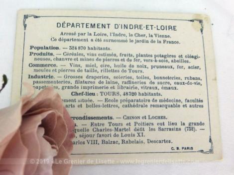 Voici une belle chromo du département d'Indre et Loire datant de 1876. C'est une image de 11.5 x 8.5 cm sur papier cartonné avec toutes les caractéristiques de l'époque.