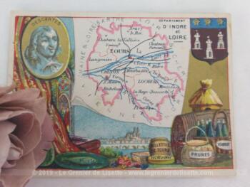 Voici une belle chromo du département d'Indre et Loire datant de 1876. C'est une image de 11.5 x 8.5 cm sur papier cartonné avec toutes les caractéristiques de l'époque.