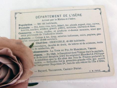 Voici une belle chromo du département de l'Isère datant de 1876. C'est une image de 11.5 x 8.5 cm sur papier cartonné avec toutes les caractéristiques de l'époque.