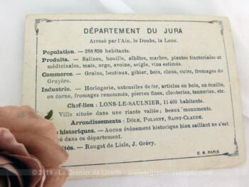 Voici une belle chromo du département du Jura datant de 1876. C'est une image de 11.5 x 8.5 cm sur papier cartonné avec toutes les caractéristiques de l'époque.