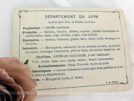 Voici une belle chromo du département du Jura datant de 1876. C'est une image de 11.5 x 8.5 cm sur papier cartonné avec toutes les caractéristiques de l'époque.