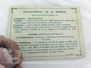 Voici une belle chromo du département de la Manche datant de 1876. C'est une image de 11.5 x 8.5 cm sur papier cartonné avec toutes les caractéristiques de l'époque.