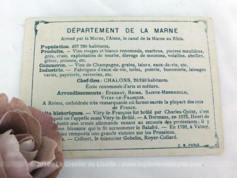 Voici une belle chromo du département de la Marne datant de 1876. C'est une image de 11.5 x 8.5 cm sur papier cartonné avec toutes les caractéristiques de l'époque.