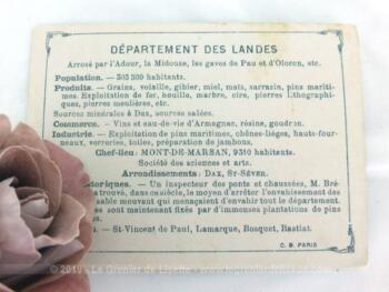 Voici une belle chromo du département des Landes datant de 1876. C'est une image de 11.5 x 8.5 cm sur papier cartonné avec toutes les caractéristiques de l'époque.