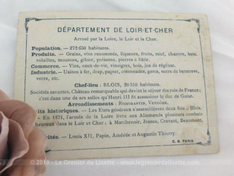 Voici une belle chromo du département du Loir et Cher datant de 1876. C'est une image de 11.5 x 8.5 cm sur papier cartonné avec toutes les caractéristiques de l'époque.