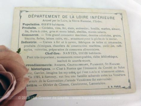 Voici une belle chromo du département de la Loire Inférieure datant de 1876. C'est une image de 11.5 x 8.5 cm sur papier cartonné avec toutes les caractéristiques de l'époque.