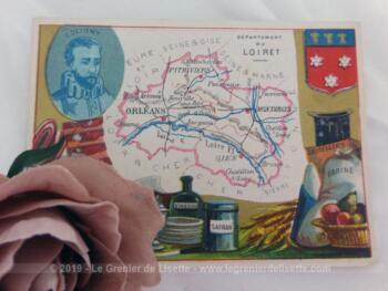 Voici une belle chromo du département du Loiret datant de 1876. C'est une image de 11.5 x 8.5 cm sur papier cartonné avec toutes les caractéristiques de l'époque.