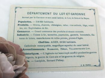 Voici une belle chromo du département du Lot et Garonne datant de 1876. C'est une image de 11.5 x 8.5 cm sur papier cartonné avec toutes les caractéristiques de l'époque.
