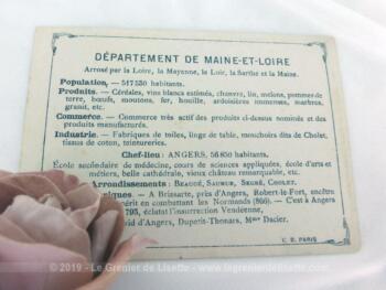 Voici une belle chromo du département de la Maine et Loire datant de 1876. C'est une image de 11.5 x 8.5 cm sur papier cartonné avec toutes les caractéristiques de l'époque.