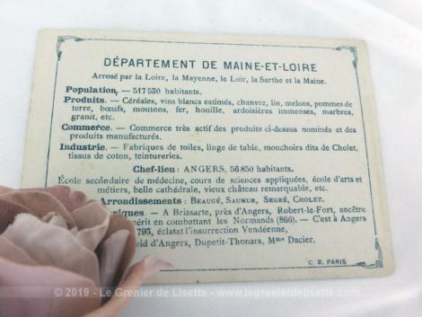Voici une belle chromo du département de la Maine et Loire datant de 1876. C'est une image de 11.5 x 8.5 cm sur papier cartonné avec toutes les caractéristiques de l'époque.