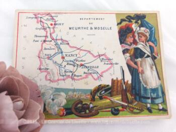 Voici une belle chromo du département de Meurthe et Moselle datant de 1876. C'est une image de 11.5 x 8.5 cm sur papier cartonné avec toutes les caractéristiques de l'époque.