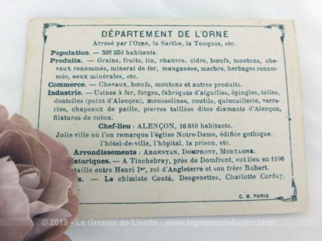 Voici une belle chromo du département de l'Orne datant de 1876. C'est une image de 11.5 x 8.5 cm sur papier cartonné avec toutes les caractéristiques de l'époque.