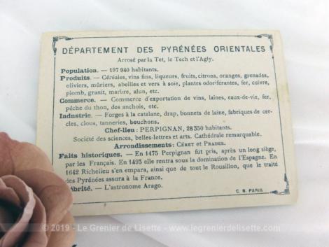 Voici une belle chromo du département des Pyrénées Orientales datant de 1876. C'est une image de 11.5 x 8.5 cm sur papier cartonné avec toutes les caractéristiques de l'époque.