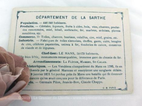 Voici une belle chromo du département de la Sarthe datant de 1876. C'est une image de 11.5 x 8.5 cm sur papier cartonné avec toutes les caractéristiques de l'époque.