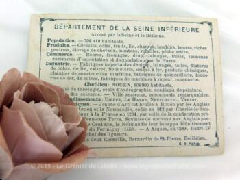 Voici une belle chromo du département de la Seine Inférieure datant de 1876. C'est une image de 11.5 x 8.5 cm sur papier cartonné avec toutes les caractéristiques de l'époque.