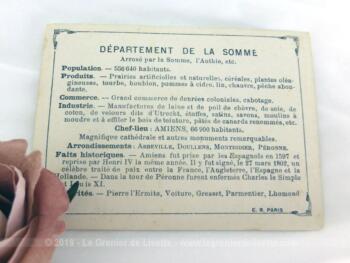 Voici une belle chromo du département de la Somme datant de 1876. C'est une image de 11.5 x 8.5 cm sur papier cartonné avec toutes les caractéristiques de l'époque.