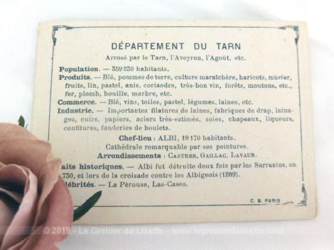 Voici une belle chromo du département du Tarn datant de 1876. C'est une image de 11.5 x 8.5 cm sur papier cartonné avec toutes les caractéristiques de l'époque.