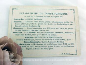 Voici une belle chromo du département du Tarn et Garonne datant de 1876. C'est une image de 11.5 x 8.5 cm sur papier cartonné avec toutes les caractéristiques de l'époque.