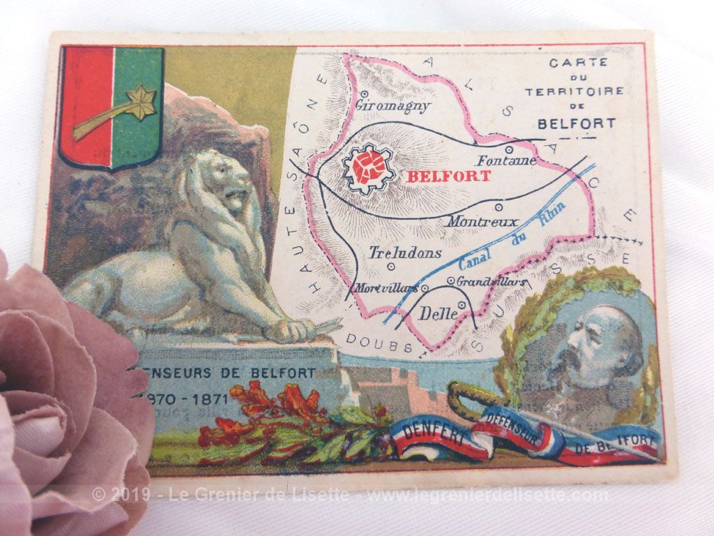 Voici une belle chromo du Territoire de Belfort datant de 1876. C'est une image de 11.5 x 8.5 cm sur papier cartonné avec toutes les caractéristiques de l'époque.
