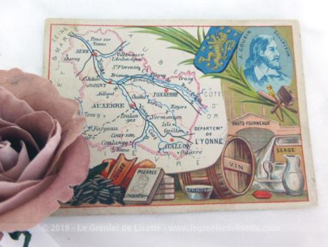 Voici une belle chromo du département de l'Yonne datant de 1876. C'est une image de 11.5 x 8.5 cm sur papier cartonné avec toutes les caractéristiques de l'époque.