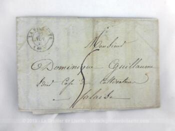 Ancienne lettre pli du 28 novembre 1846 correspondant à une facture d'achat d'alcool avec à l'intérieur la lettre de change. facture et mandat de change, expédiée de La Villlette à un limonadier, de la ville de Falaise dans le Calvados.