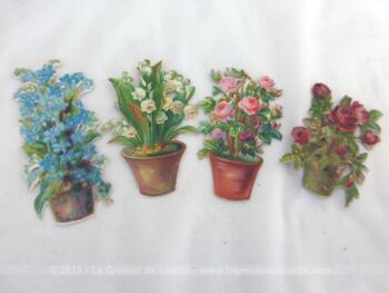 Voici un bel assortiment de 4 belles chromos découpis qui représentent toutes plantations fleuries en pots.
