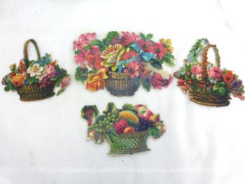 Voici un bel assortiment de 4 belles chromos découpis qui représentent toutes une corbeille en osier remplie soit de fleurs soit de fruits