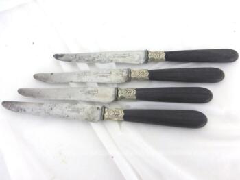 Voici un lot de 4 couteaux avec manche en ébene et garde argenté, dont la lame en acier est gravé de la marque "Bonnet Castres".
