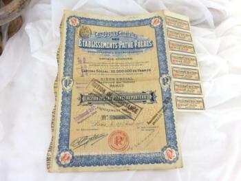 Voici un ancien Bon au Porteur de la Compagnie Générale des Etablissements Pathé Frères de 1921 correspondant à une "Action de Cent Francs au Porteur".