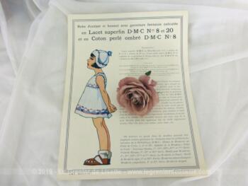 Ancienne fiche D.M.C des années 40/50 pour robe et bonnet pour fillettes, à décorer avec une garniture fantaisie exécutée en lacet superfin DMC n°8 et 20 et en coton perlé ombré DMC n°8.