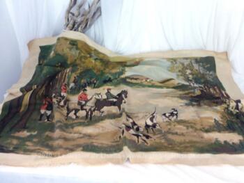 Grand dessin imprimé sur tissus de 128 x 83 cm dont le dessin qui mesure 112 x 72 cm est la copie d'une scène de chasse à courre signé Jean Chaussavaine.