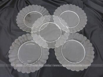 Lot de 5 assiettes à dessert en verre translucide des années 60 de la marque Duralex, en forme de fleur, publicité Lesieur de 18 cm de diamètre.