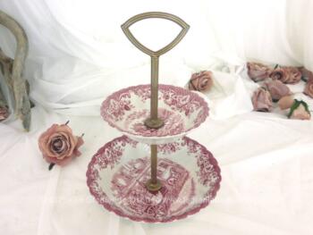 Serviteur à 2 étages en porcelaine anglaise rose, estampillé au dos du logo 