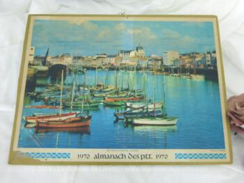 Almanach cartonné des PTT de 1970 avec un tableau du port des Sable d'Olonne et des feuillets supplémentaires sur le secteur des Vosges.