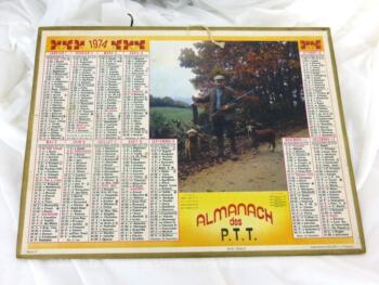 Almanach cartonné des PTT de 1974 avec une photo d'un chasseur et 5 feuillets supplémentaires sur le secteur du département de Meurthe et Moselle