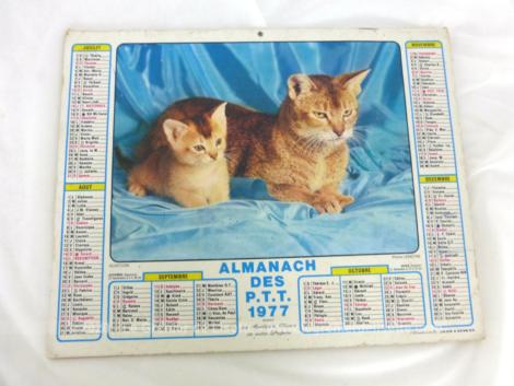 Ancien almanach des P.T.T. de 1977 avec la photo d'un bébé caniche d'un coté et de deux chats sur l'autre avec 12 pages supplémentaires
