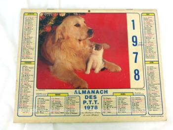 Ancien almanach des P.T.T. de 1978 avec la photo d'une fillette et lapins d'un coté et un chien et chat de l'autre. Il y a 6 pages supplémentaires.