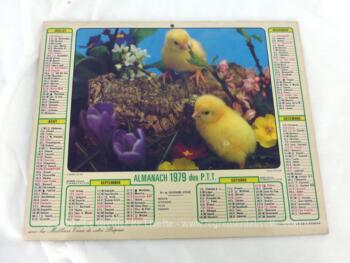 Ancien almanach des P.T.T. de 1979 avec la photo de poussins d'un coté et de chatons dans un panier de l'autre et 12 pages supplémentaires