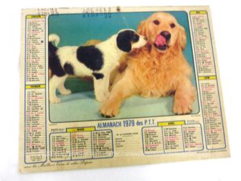 Ancien almanach des P.T.T. de 1979 avec la photo de chiens sur les deux faces. Il y a 6 pages supplémentaires sur les services de la Poste et le département de la Meurthe et Moselle.