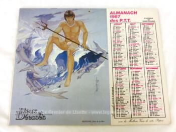 Ancien almanach des P.T.T. de 1987 avec d'un coté un dessin du dieu Neptune et de la déesse Diane de l'autre. Il y a 6 feuillets supplémentaires