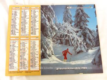 Ancien almanach des P.T.T. de 1988 avec d'un coté un skieur et un alpage de l'autre. Il y a 8 feuillets supplémentaires plus un grand poster de Jean-Jacques Goldman agrafé au centre et plié en deux.