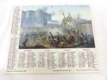Ancien almanach des P.T.T. de 1989 avec des dessins représentant la Tour Eiffel à des périodes différentes. Il y a 12 feuillets supplémentaires dont un dessin de la Prise de la Bastille.