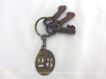 Trois anciennes petites clés anciennes accompagnées d'une plaque ovale en laiton gravée du numéro 28 mesurent de 3 cm à 3.5 cm de long.